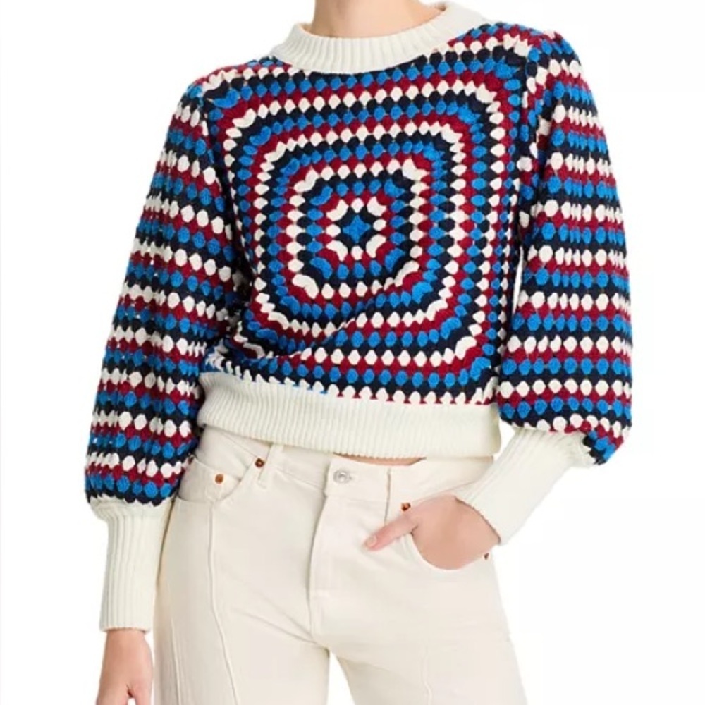 Farm Rio Colorful Crocheted Balloon Sleeve Knit Sweater SZ L NWT 4th of July